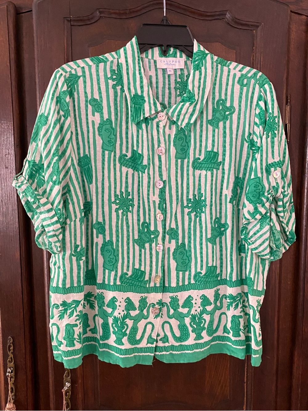 Calypso St Barth green & white unique Greek pattern short sleeve button front